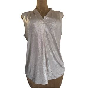 Calvin Klein Metallic V Neck Sleeveless Top, Shiny Silver, Sz XL